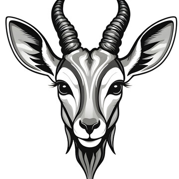 Antelope face for logo isolated on white background. Line art vector of springbok head. Gazelle head. Wild animal. Perfect for tshirt design, logo or decoration. Cow, deer head vector icon logo 