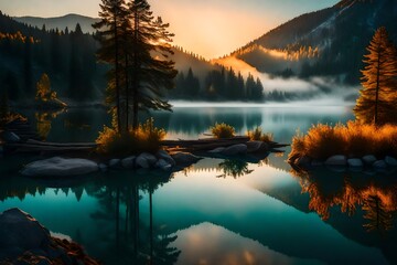 A vibrant sunrise over a serene mountain lake, with mist gently rising from the water, casting a magical glow on the surroundings. - obrazy, fototapety, plakaty