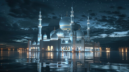 an islamic mosque at night with white domes. ramadan kareem holiday celebration concept