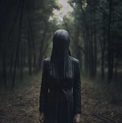 Scary woman wearing full length veil standing alone in a forest with her face covered