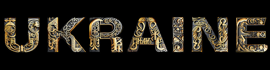 Luxurious black and gold lettering of 'UKRAINE', with intricate symbols and saintly figures, perfect for high-end design themes. Ornate, traditional patterns illuminate the rich backdrop. Opulent insc