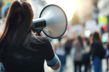 Woman is shouting a megaphone to the crowd in support of women's rights. Women's struggle for independence, equality and justice with freedom of speech. Women empowerment.
