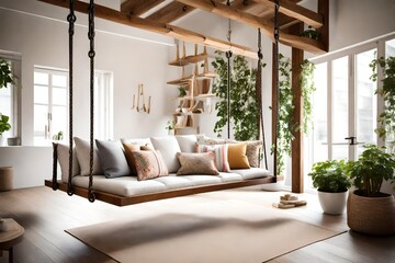 An indoor swing hanging from a sturdy beam, with plenty of cushions around