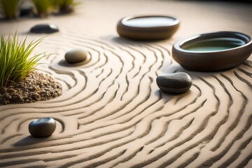 A minimalist Zen garden with raked sand, rocks, and a small water feature