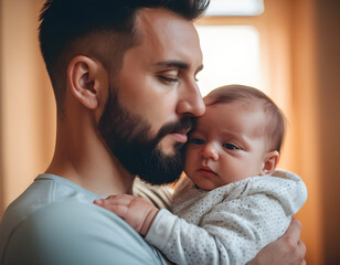 Portrait of young father holding his newborn baby. Fatherhood love single dad fathers day concept.