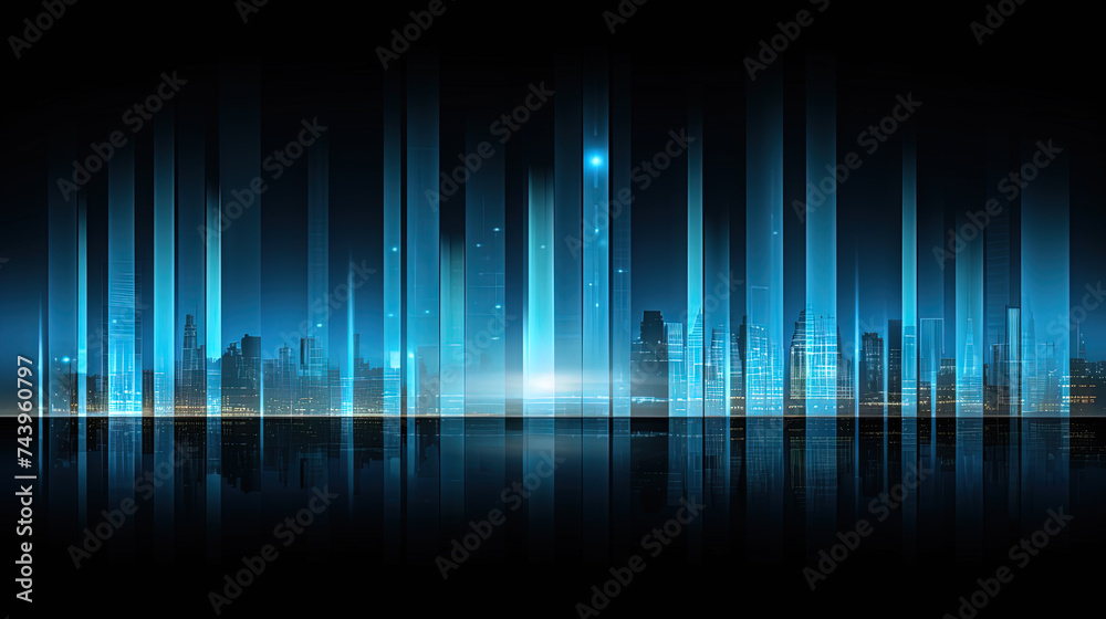 Poster Business abstraction with infographics style data blocks in blue glowing lights.