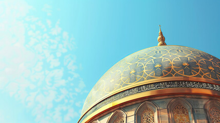 Naklejka premium close up of islamic dome with blue sky. ramadan kareem holiday celebration concept