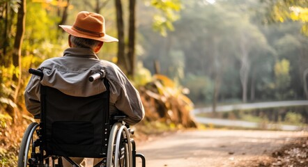 .The elderly uncle happily wearing a hat, sitting on a wheelchair, sharing a hiking adventure on a beautiful and wheelchair-accessible nature trail. - obrazy, fototapety, plakaty