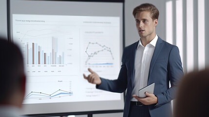 a young man in a business suit shows a presentation

