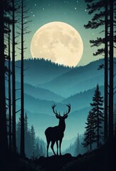 silhouette of a deer standing on the edge of the forest at night, full moon