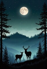 silhouette of a deer standing on the edge of the forest at night, full moon