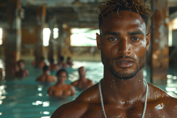 handsome fitness black guy in a pool