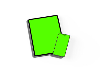 3d render of smartphone and tablet with a green screen on a light background