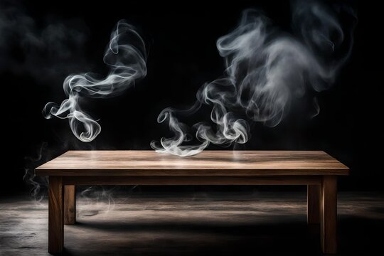 An atmospheric image capturing an empty wooden table set against a dark background, with wisps of smoke gracefully floating upwards. 