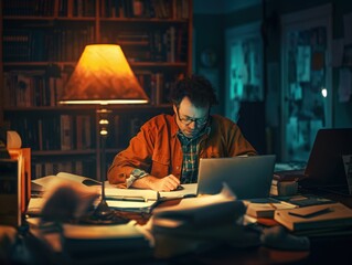 A small business owner working late at night in their home office, surrounded by paperwork and a laptop