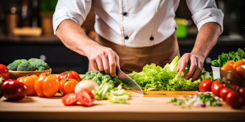 Fresh, Healthy Vegetarian Salad Preparation on Wooden Cutting Board with Chef's Hands and Knife on Green Kitchen Table Background