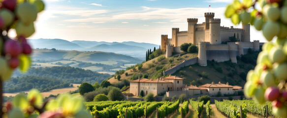 castle overlooking vineyards with ripe grapes - obrazy, fototapety, plakaty