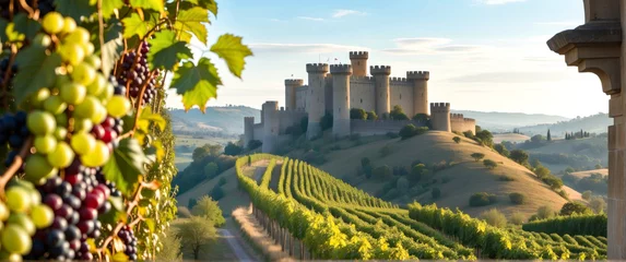 Fotobehang castle overlooking vineyards with ripe grapes © AlenKadr