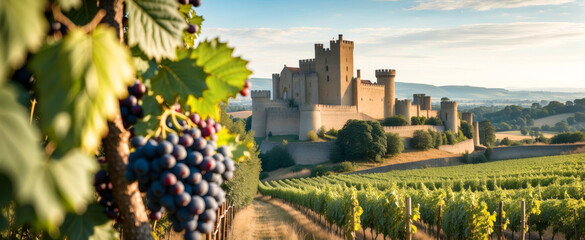 castle overlooking vineyards with ripe grapes