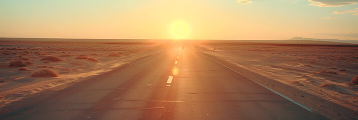 A sun-kissed desert highway stretching into the horizon, inviting travelers to embark on a journey of endless possibilities and newfound freedom - obrazy, fototapety, plakaty