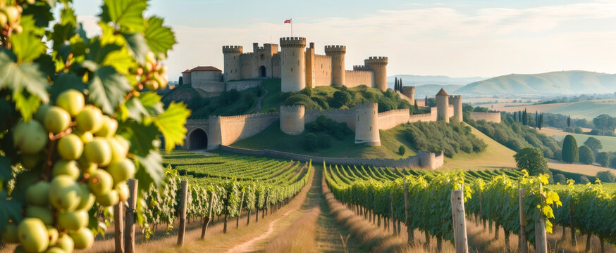 castle overlooking vineyards with ripe grapes