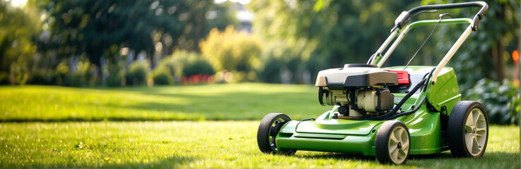A lawn mower for cutting green grass in a modern garden.