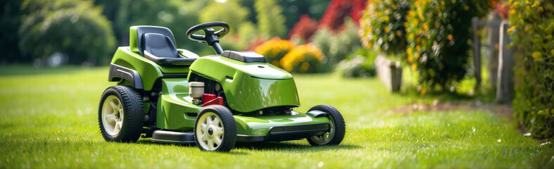 A lawn mower for cutting green grass in a modern garden. - obrazy, fototapety, plakaty