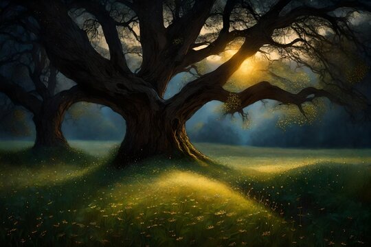 A peaceful meadow at dusk, illuminated by the soft glow of fireflies dancing in the air, with a majestic old tree standing as a silent witness.