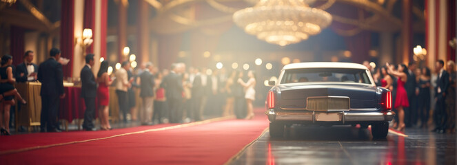 VIP People arriving with limousine, Red carpet entrance and limousine.