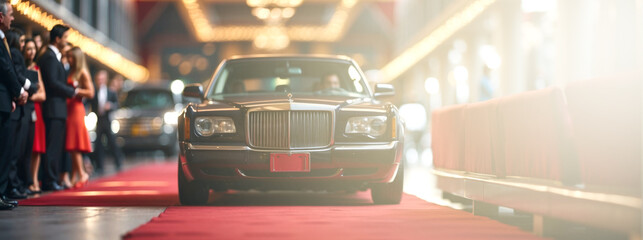 VIP People arriving with limousine, Red carpet entrance and limousine. - obrazy, fototapety, plakaty