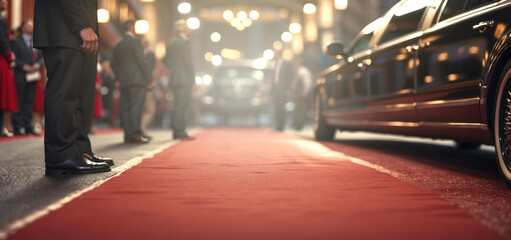 VIP People arriving with limousine, Red carpet entrance and limousine.