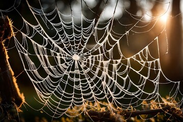 A dew-covered spider web stretched between two branches, capturing the morning light. 