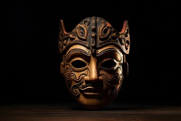 Vintage old wooden mask with theatre lights isolated on black background. Ancient civilizations crafted ornate masks as spirituality, tradition symbols of disguise. Ancient element for logo, poster - obrazy, fototapety, plakaty