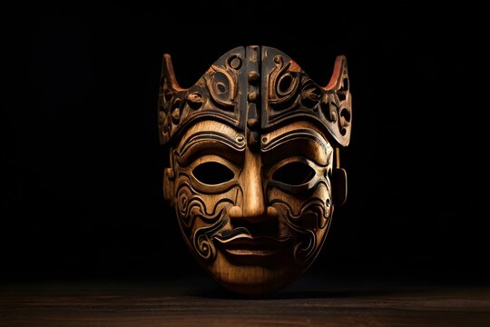 Vintage old wooden mask with theatre lights isolated on black background. Ancient civilizations crafted ornate masks as spirituality, tradition symbols of disguise. Ancient element for logo, poster