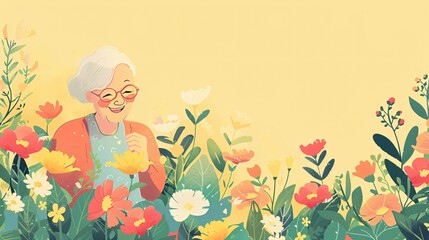 An elderly woman smiling contentedly as she tends to her colorful flower garden