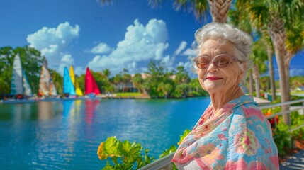 Senior woman smiling contentedly as she takes a leisurely stroll along a palm-lined boardwalk 