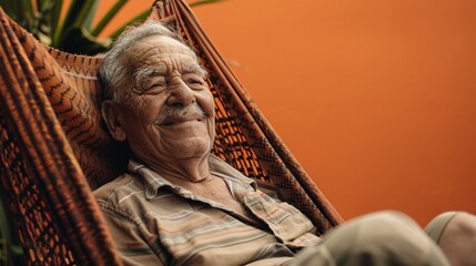 Elderly man smiling contentedly as he relaxes in a cozy hammock with a solid orange background