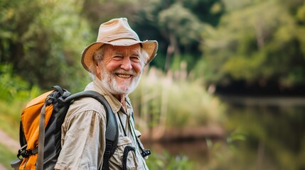 Elderly man smiling contentedly as he enjoys a peaceful morning of birdwatching in a scenic nature reserve