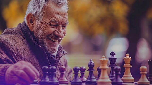 Elderly man chuckling while playing chess with his friends at the local park - Powered by Adobe