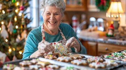 Senior woman delights in decorating gingerbread cookies