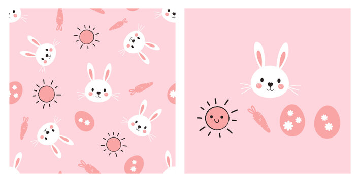 Easter seamless pattern with bunny cartoons, carrot, Easter eggs and sun on pink background. Easter rabbit, carrot, eggs and sun cartoon vector.