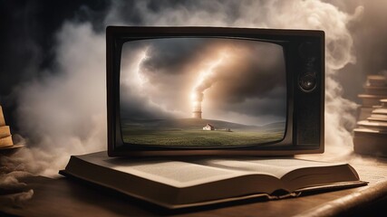 old tv on the book highly intricately detailed photograph of  A big storm and tornado on top of the pages of a Bible with a lighthouse in a tv 