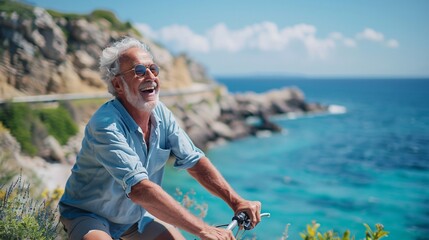 Senior man laughing joyfully as he enjoys a scenic bicycle ride along a picturesque coastal path with stunning ocean views