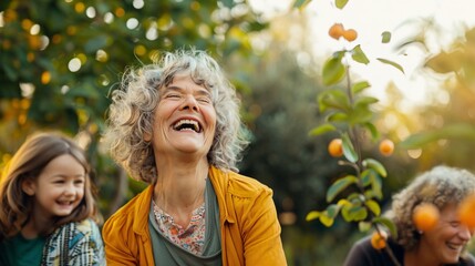 A joyful senior woman laughing as she plays with her grandchildren in the backyard - obrazy, fototapety, plakaty
