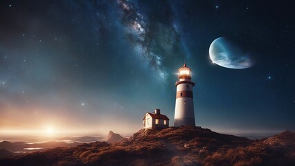 lighthouse and moon A fantasy lighthouse in a cosmic space, with stars, planets,  