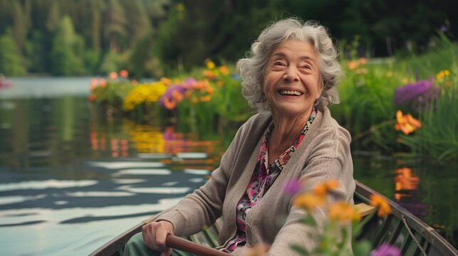 A joyful senior woman chuckling while enjoying a relaxing paddleboat ride on a serene lake