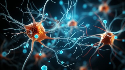 Microscopic examination of blue neuron in laboratory setting for neuroscience research study - obrazy, fototapety, plakaty