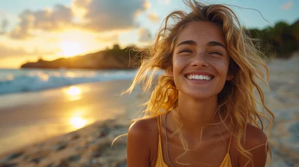 Fotobehang Beautiful Smiling Woman in a Beach Landscape © Wagner