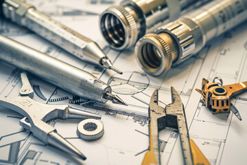 macro image capturing the fine details of project construction blueprints and engineering tools arranged next to white blank paper, symbolizing the intersection of creativity and t