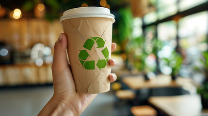 Close-up of a hand holding a recyclable coffee cup adorned with a green recycle symbol, eco-friendly choice.